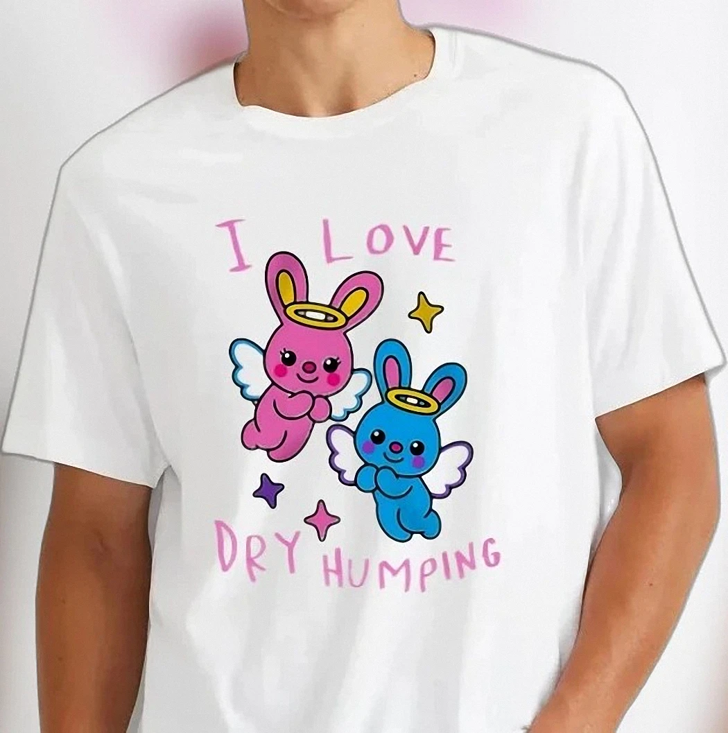 I Love Dry Humping Cute Angel Bunnies Tee Funny Y2K Sarcastic Meme Graphic Shirt Gag Gift for Friends