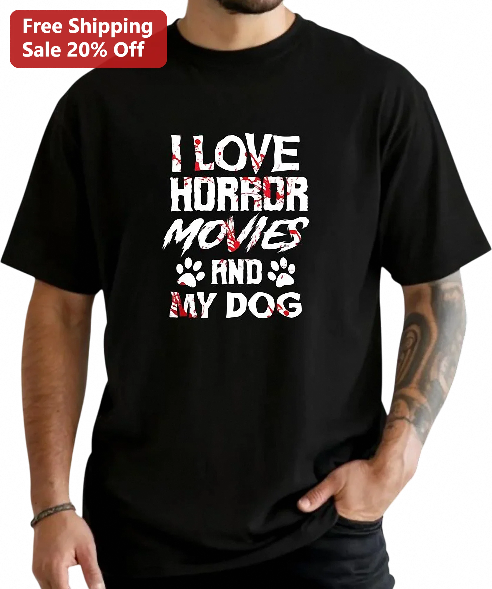 I Love Horror Movies and My Dog Tee, Spooky Halloween Gift for Horror Fans and Dog Lovers