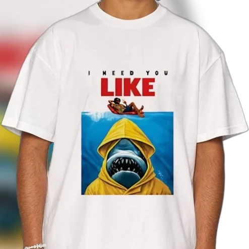 I Need You Like Funny Shark in Yellow Raincoat Graphic Tee, Retro Ocean Parody Humor T-Shirt