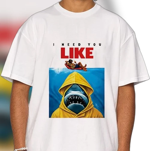 I Need You Like Funny Shark in Yellow Raincoat Graphic Tee, Retro Ocean Parody Humor T-Shirt