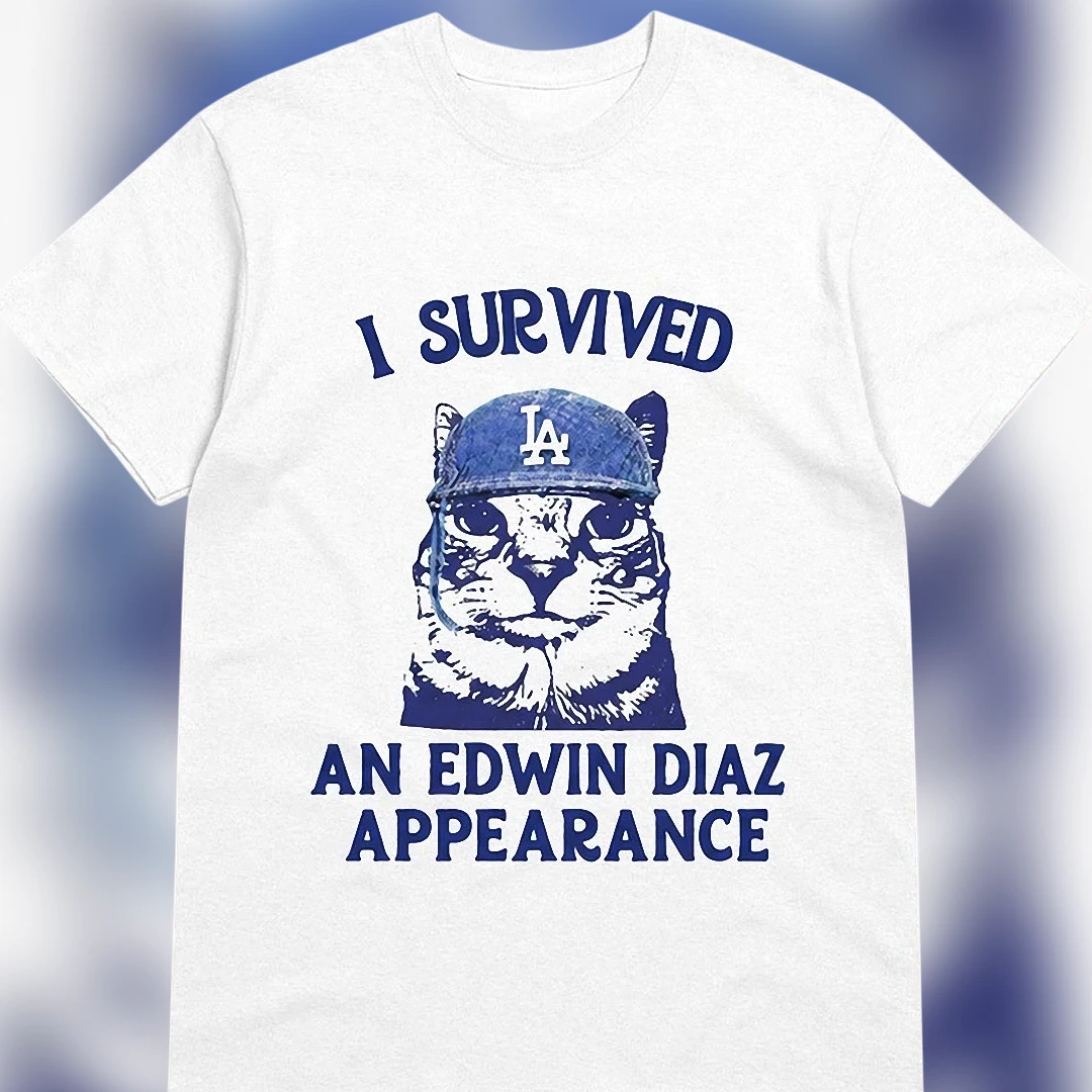 I Survived An Edwin Diaz Appearance Tee Funny Baseball Cat Meme T-Shirt Sports Fan Gift