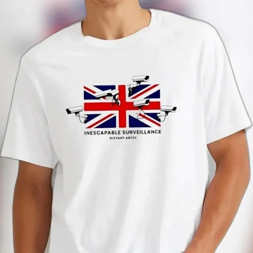 Inescapable Surveillance Distant Abyss Graphic Tee, Anti Surveillance UK Flag CCTV Dystopian Political Statement Shirt