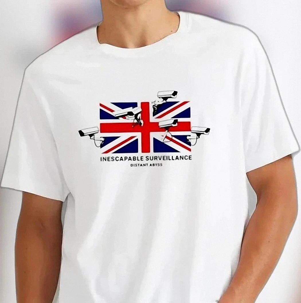 Inescapable Surveillance Distant Abyss Graphic Tee, Anti Surveillance UK Flag CCTV Dystopian Political Statement Shirt