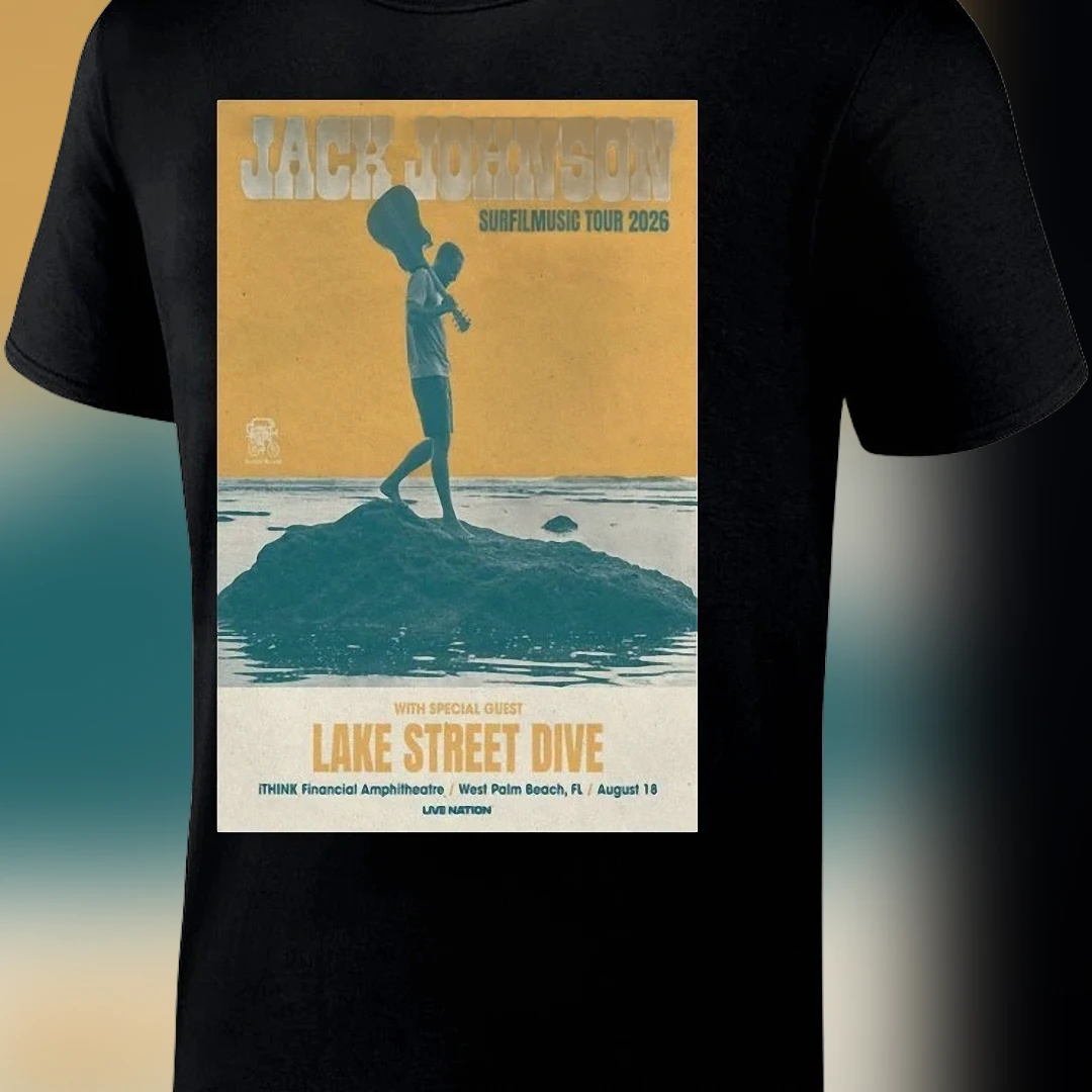 Jack Johnson Surfilmusic Tour 2026 West Palm Beach Tee, Lake Street Dive iTHINK Financial Amphitheatre Concert Shirt