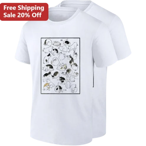 Japanese Art Cat Illustration Tee, Ukiyo-E Sleeping Cats Ink Print Shirt Gift for Cat Lovers and Art Enthusiasts