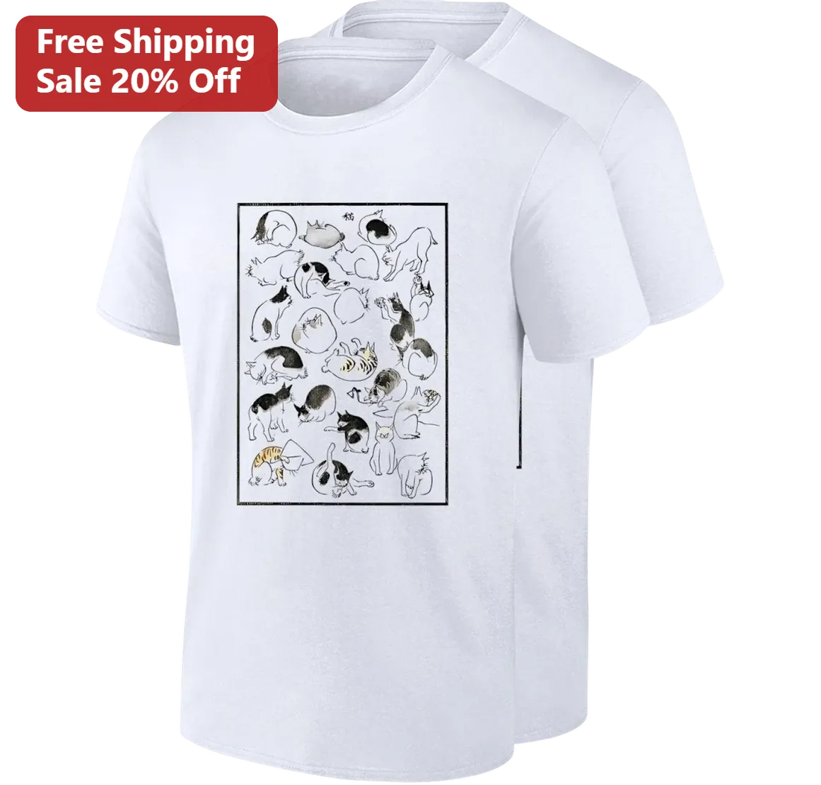 Japanese Art Cat Illustration Tee, Ukiyo-E Sleeping Cats Ink Print Shirt Gift for Cat Lovers and Art Enthusiasts