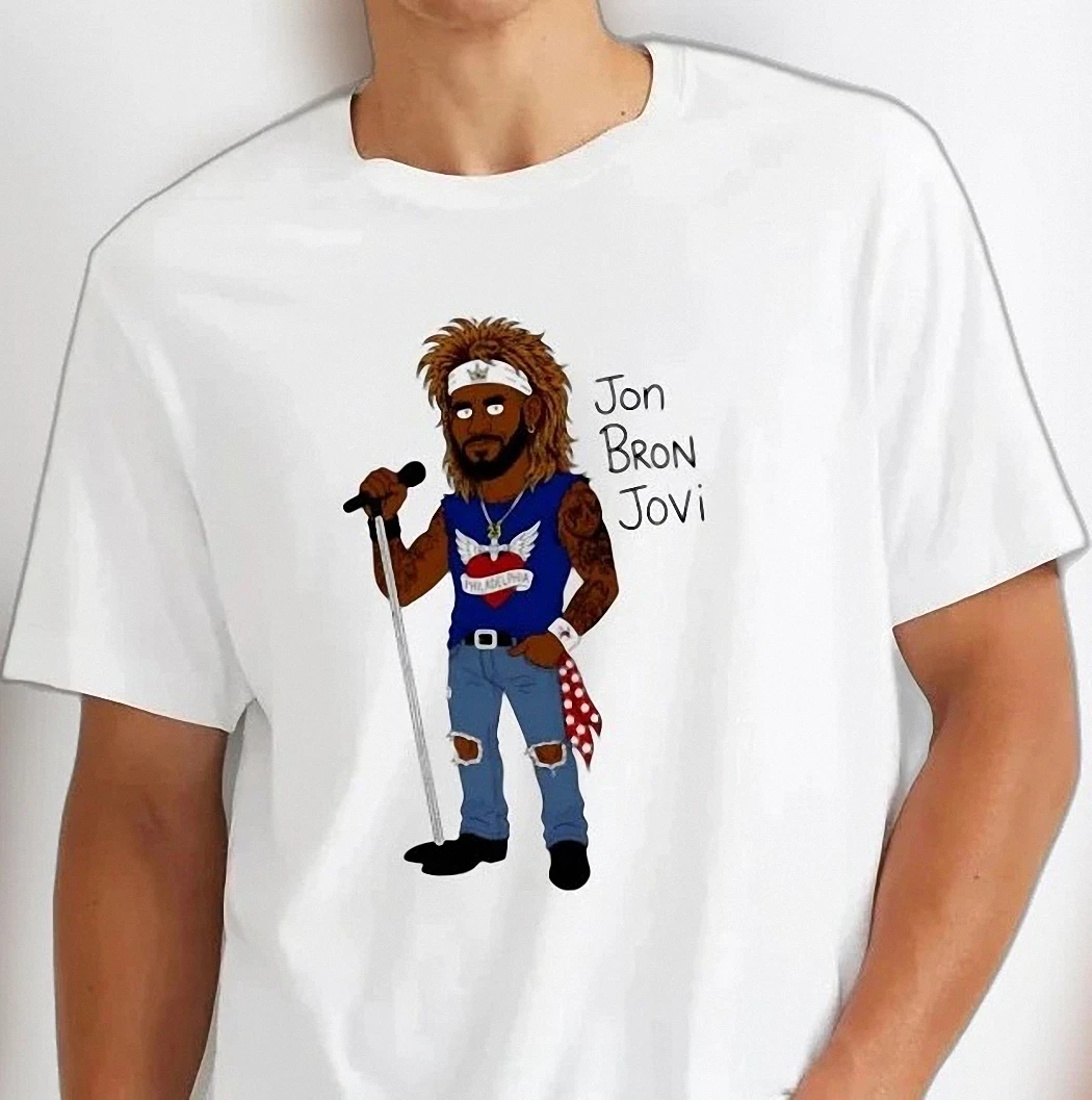 Jon Bron Jovi LeBron James Parody Tee, Funny 80s Rock Star Basketball Mashup Graphic Shirt for Fans