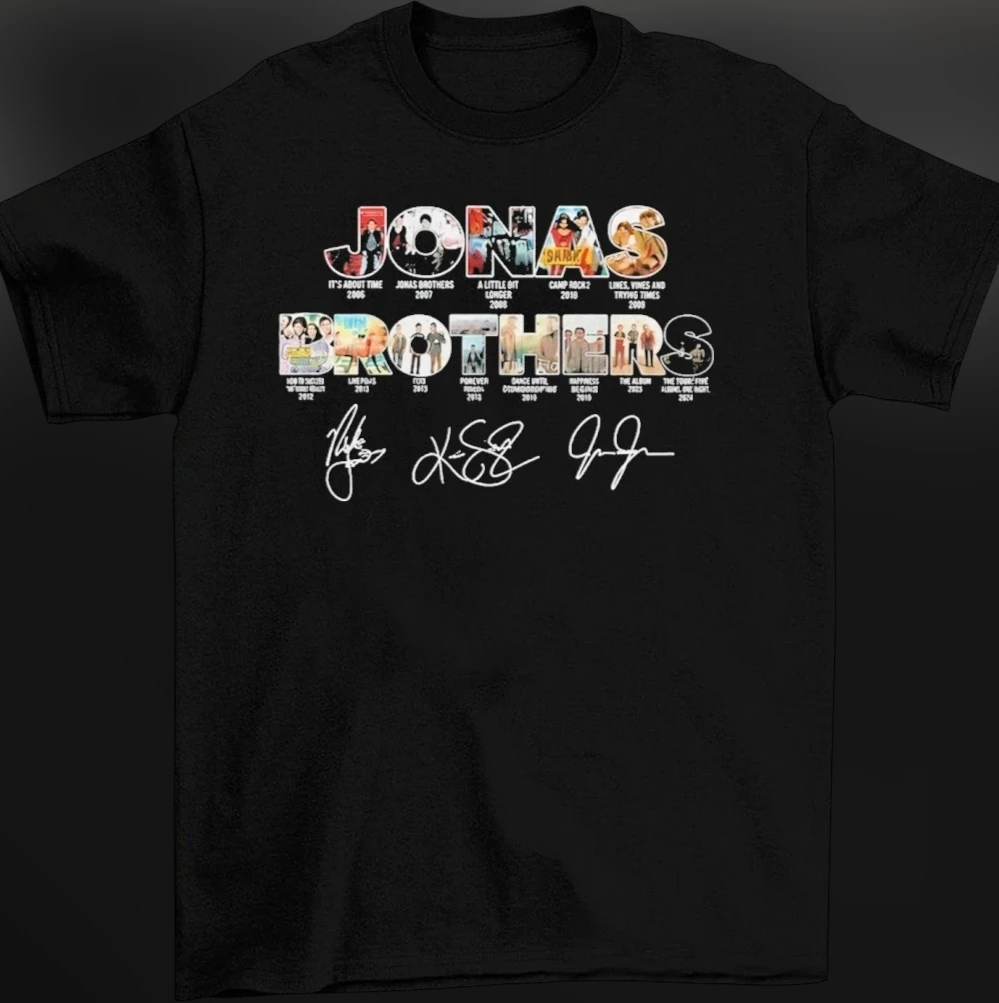 Jonas Brothers Tee With Album Collage and Signatures, Throwback Band Concert Graphic T-Shirt for Music Fans