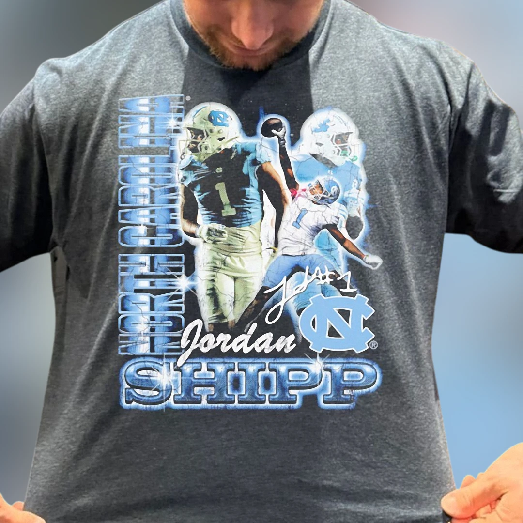 Jordan Shipp North Carolina Football Graphic Tee, Vintage Style UNC Sports Signature T-Shirt
