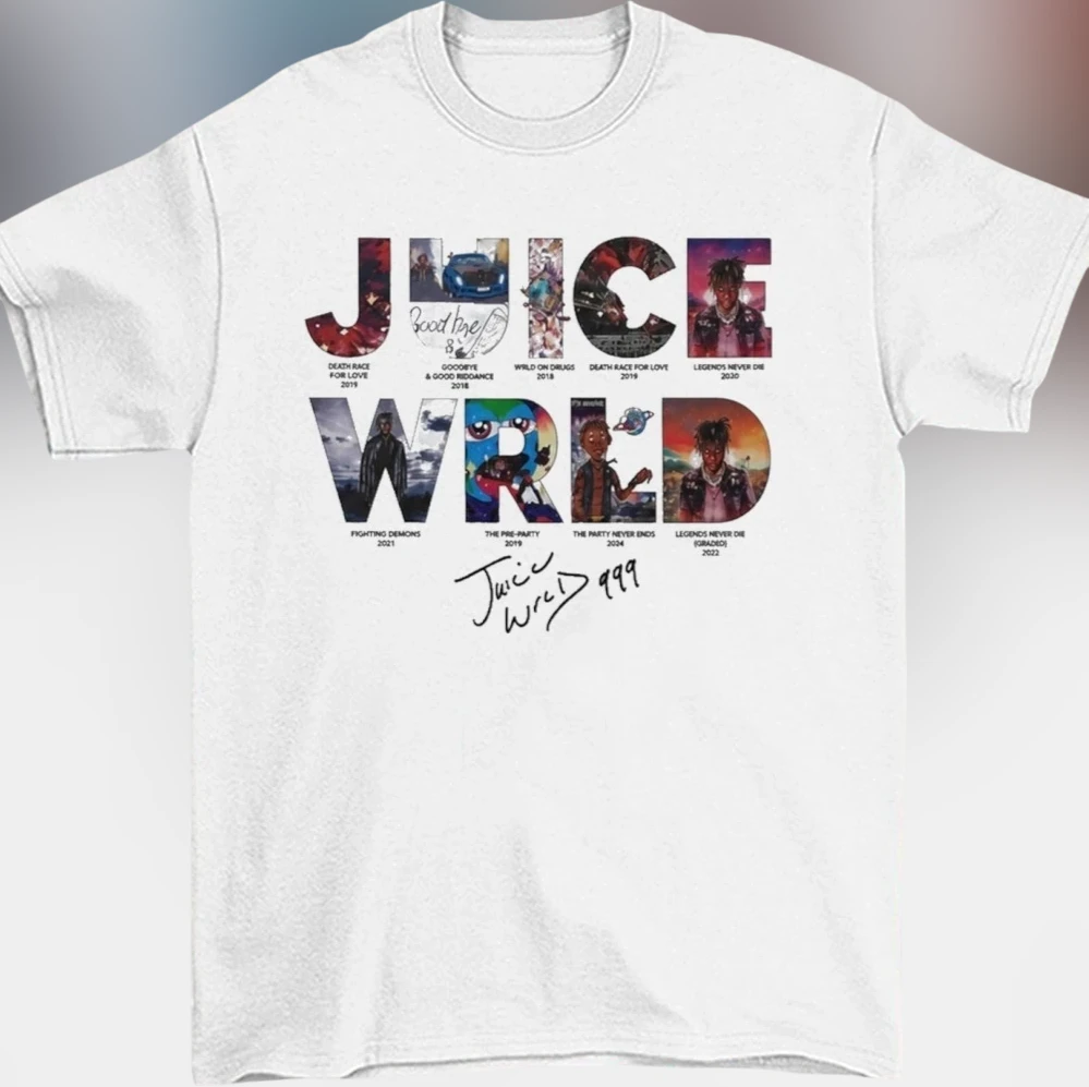 Juice Wrld Tee Album Collage Graphic Shirt with Signature Tribute Merch for Hip Hop Rap Fans