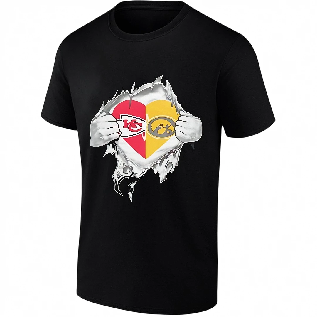 Kansas City Chiefs and Iowa Hawkeyes Heart Logo Tee, Ripped Chest Dual Fan Football Graphic Shirt