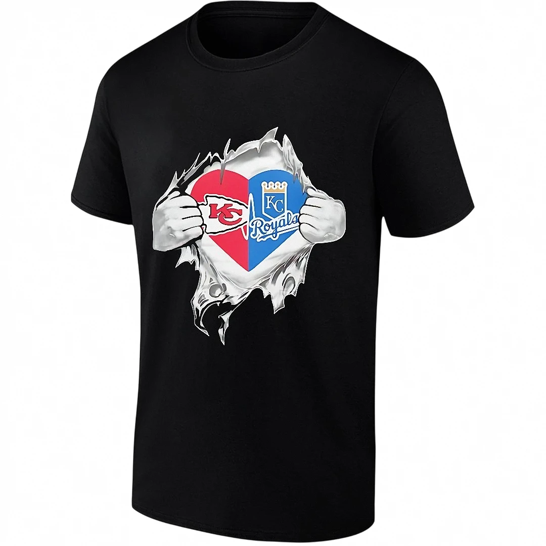 Kansas City Chiefs and Royals Heart Graphic Tee, KC Sports Fan Ripped Chest T-Shirt