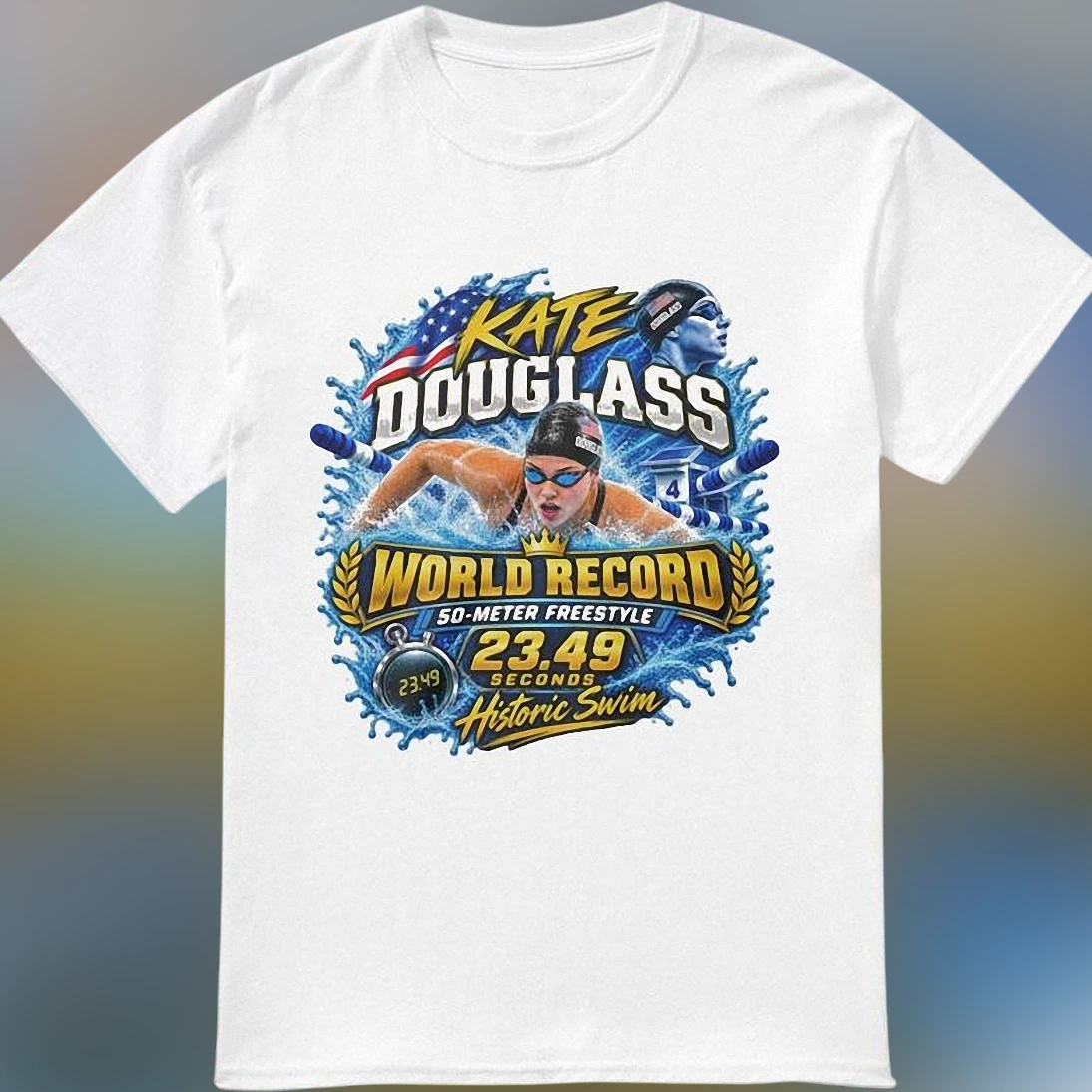Kate Douglass World Record 50m Freestyle Tee, Historic Swim 23.49 Commemorative Graphic T-Shirt for Swimming Fans