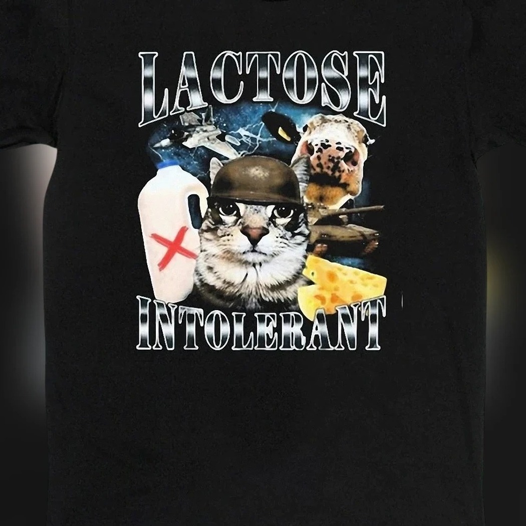Lactose Intolerant Funny Cat Meme Graphic Tee, Surreal Military Cow Sarcastic Joke Shirt