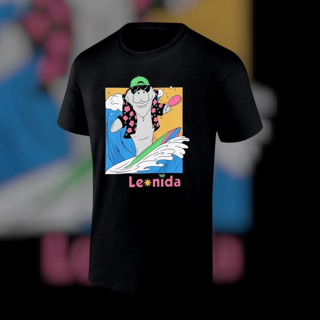 Leonida Surfing Manatee Graphic Tee Funny Summer Beach T-Shirt for Men and Women