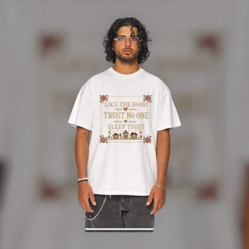 Lock The Doors Trust No One Sleep Tight Creepy Cross Stitch Tee Cottagecore Horror Gift