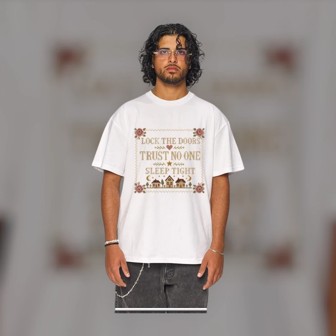 Lock The Doors Trust No One Sleep Tight Creepy Cross Stitch Tee Cottagecore Horror Gift