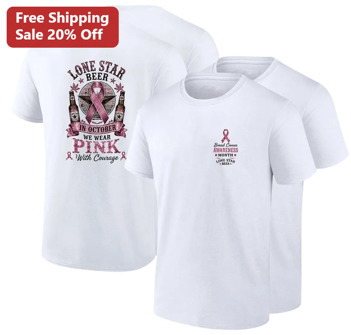 Lone Star Beer In October We Wear Pink With Courage Tee, Breast Cancer Awareness Month Pink Ribbon Shirt Gift for Beer Lovers