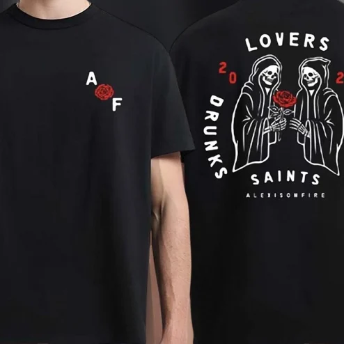 Lovers Drunks Saints Skeleton Rose Graphic Tee, Vintage Gothic Grim Reaper Two Sided T-Shirt