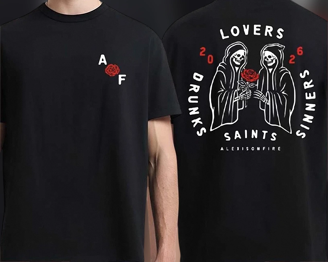 Lovers Drunks Saints Skeleton Rose Graphic Tee, Vintage Gothic Grim Reaper Two Sided T-Shirt