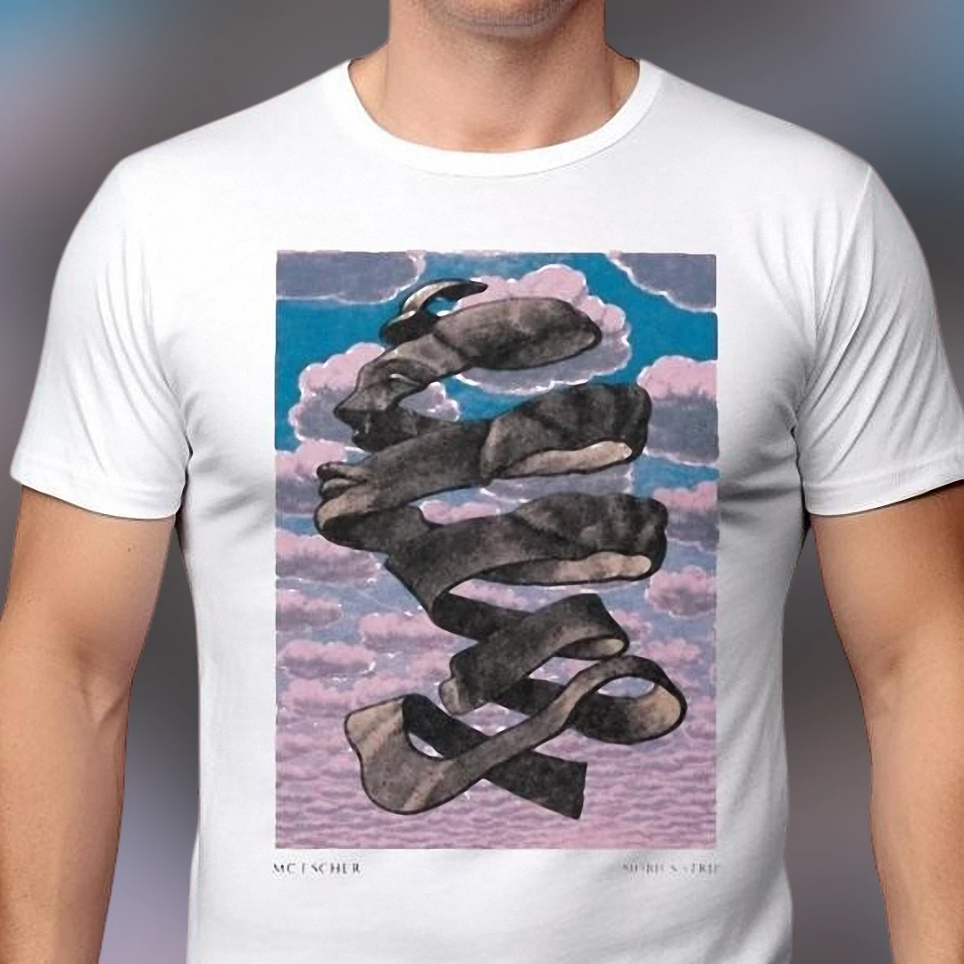 M.C. Escher Moebius Strip Tee, Surrealist Optical Illusion Art Graphic T-Shirt for Math and Art Lovers