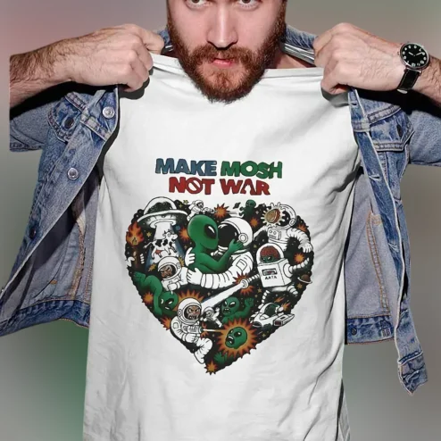 Make Mosh Not War Tee Funny Punk Alien Anti-War Graphic T-Shirt for Music Fans