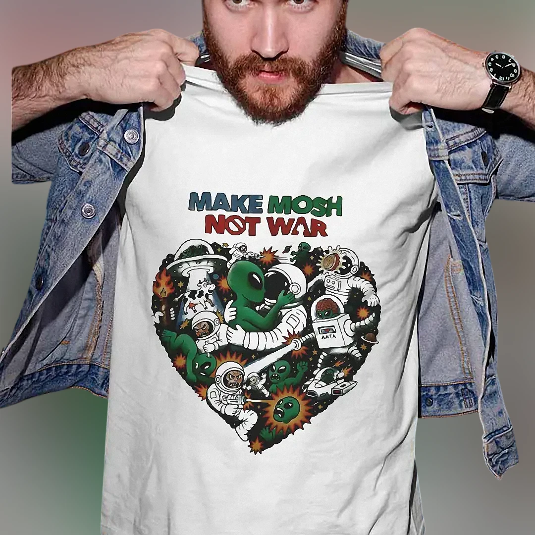 Make Mosh Not War Tee Funny Punk Alien Anti-War Graphic T-Shirt for Music Fans