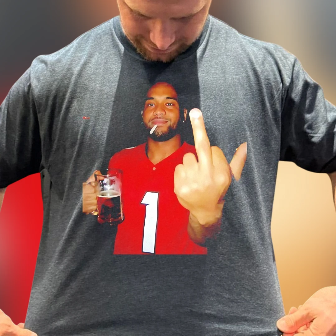 Man with Beer Middle Finger Jersey Graphic Tee, Funny Edgy Sports Fan Novelty T-Shirt