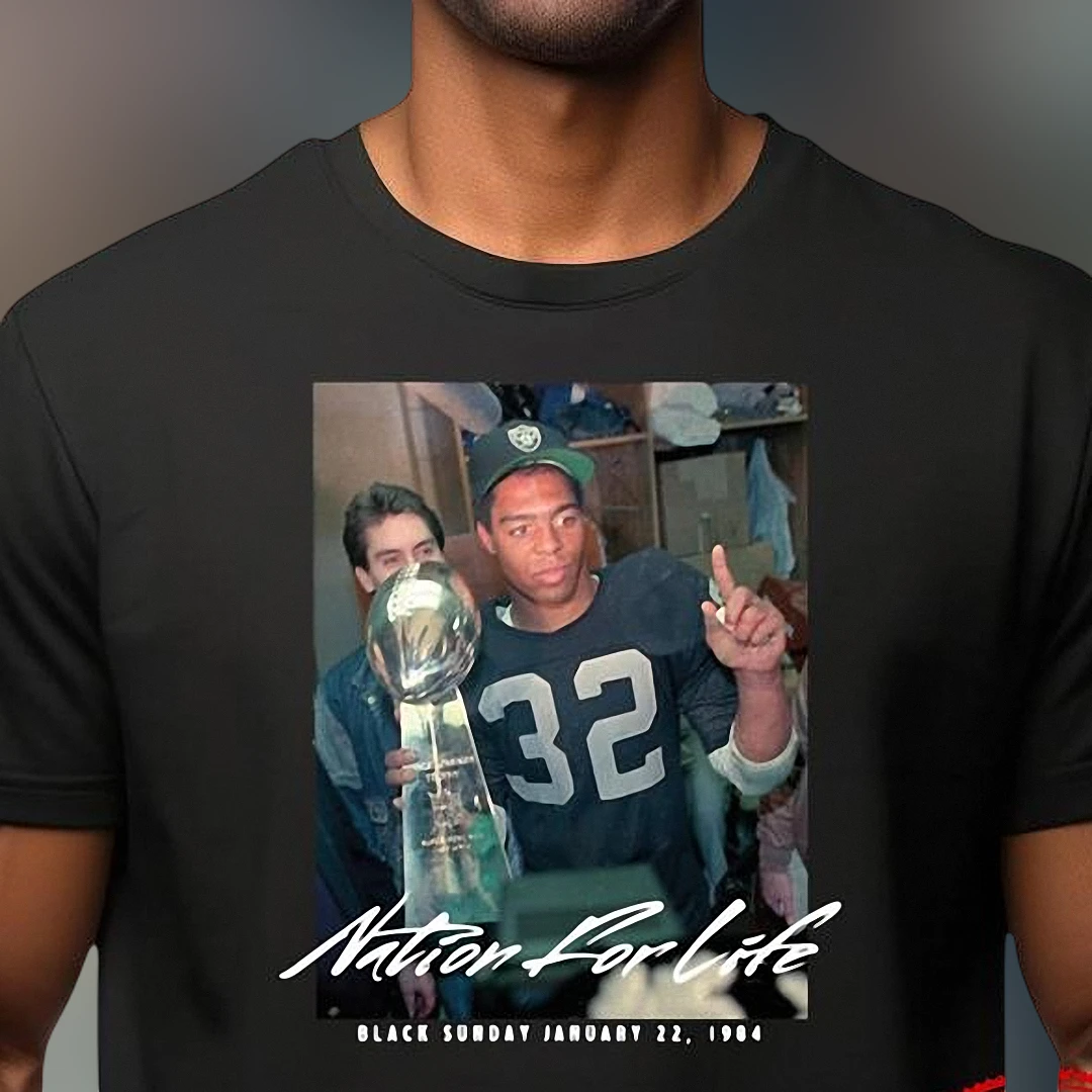 Marcus Allen Nation For Life Black Sunday January 22 1984 Vintage Tee, Super Bowl XVIII Raiders Football Tribute Graphic T-Shirt