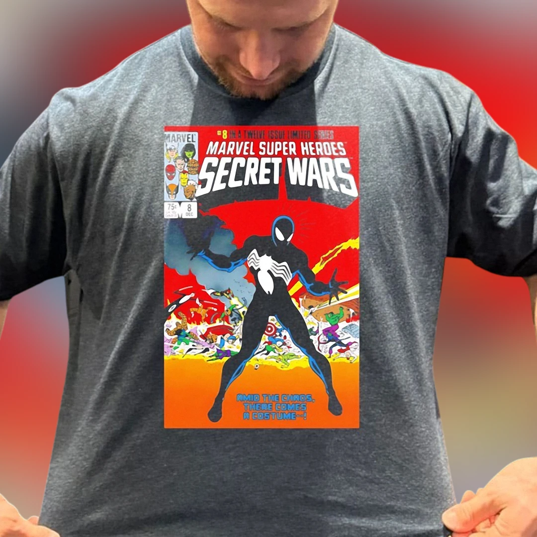 Marvel Super Heroes Secret Wars Spider-Man Black Suit Comic Cover Tee, Vintage Retro Superhero Graphic Shirt