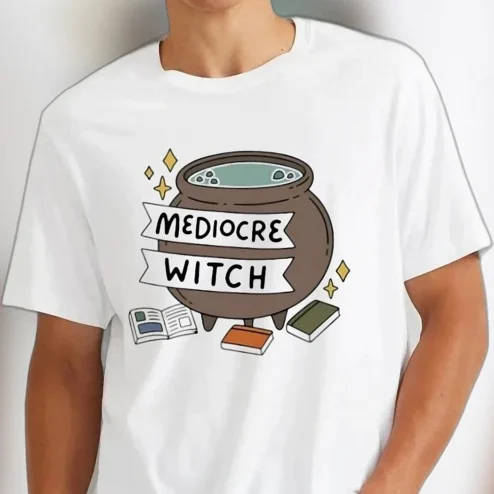 Mediocre Witch Magic Cauldron Tee, Funny Witchy Humor Graphic T-Shirt, Cute Occult Aesthetic Apparel Gift