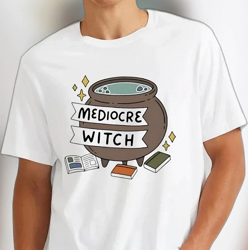 Mediocre Witch Magic Cauldron Tee, Funny Witchy Humor Graphic T-Shirt, Cute Occult Aesthetic Apparel Gift