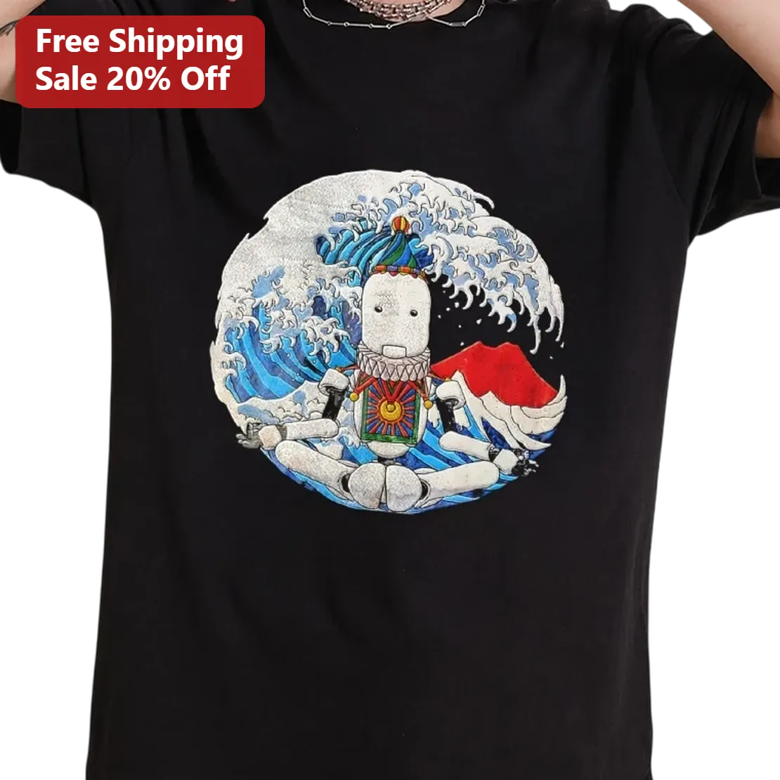 Meditating Robot Great Wave Tee, Zen Robot Japanese Ukiyo-e Art T-Shirt, Hokusai Wave Meditation Gift for Sci-Fi Fans