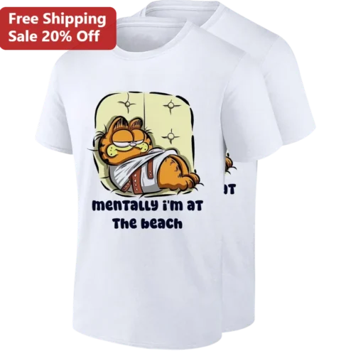 Mentally I'm At The Beach Garfield Tee, Funny Cartoon Cat Shirt, Summer Vacation Gift For Cat Lovers