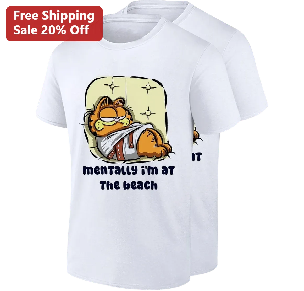Mentally I'm At The Beach Garfield Tee, Funny Cartoon Cat Shirt, Summer Vacation Gift For Cat Lovers