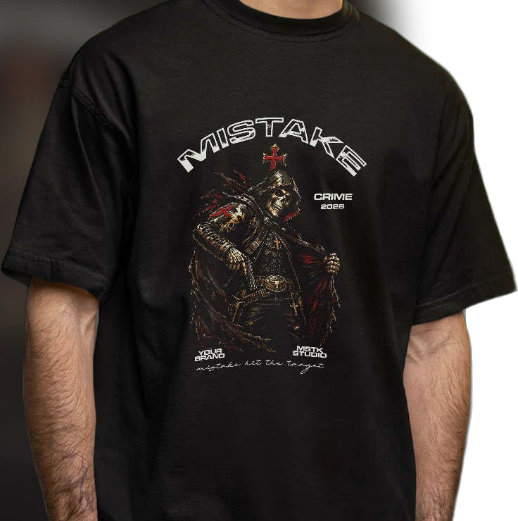 Mistake Crime 2026 Skull Graphic Tee Gothic Streetwear Edgy Templar Warrior T-Shirt