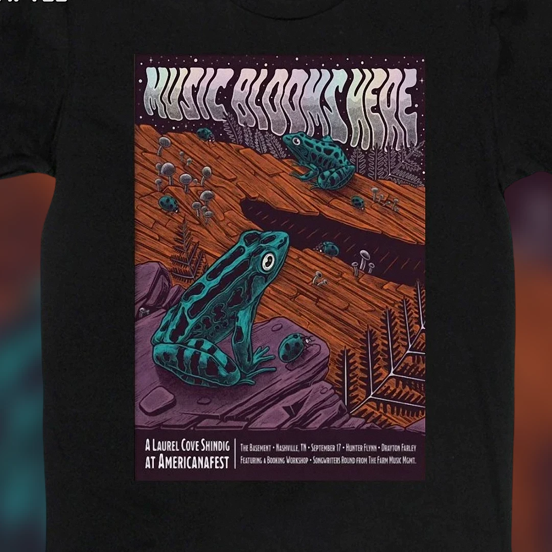 Music Blooms Here Laurel Cove Shindig Tee, Psychedelic Frog Concert Festival Graphic Shirt, Live Music Lover Gift