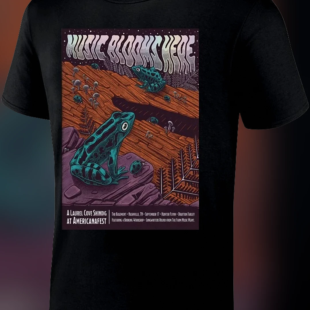 Music Blooms Here Vintage Concert Poster Tee, Psychedelic Frog Nature Festival Graphic Shirt for Music Lovers
