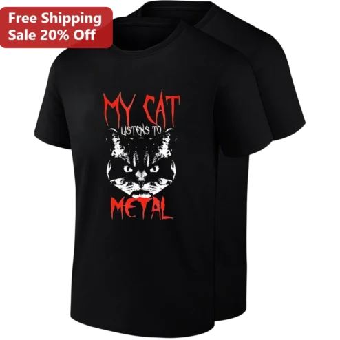 My Cat Listens to Metal Tee, Funny Heavy Metal Cat Shirt for Rock Music Lovers, Metalhead Cat Mom Gift