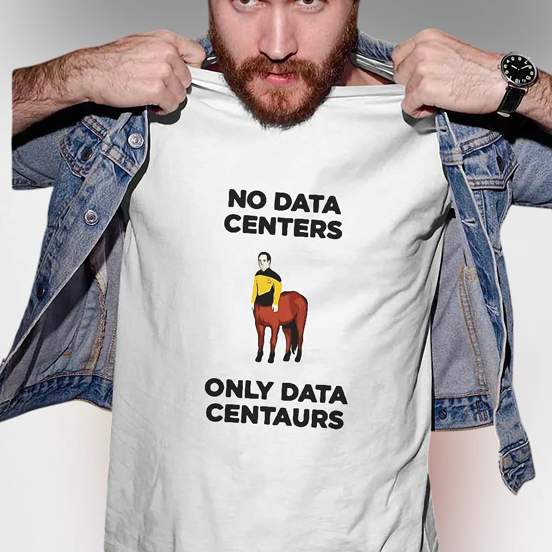 No Data Centers Only Data Centaurs Tee, Funny Sci-Fi Pun AI Satire Graphic T-Shirt