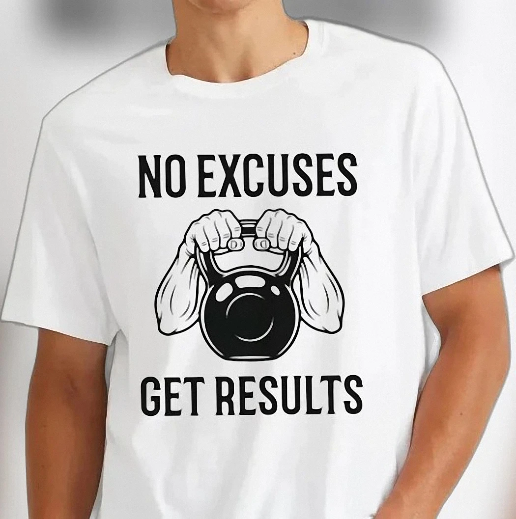 No Excuses Get Results Kettlebell Gym Motivation Tee, Workout Weightlifting Graphic T-Shirt for Fitness Lovers