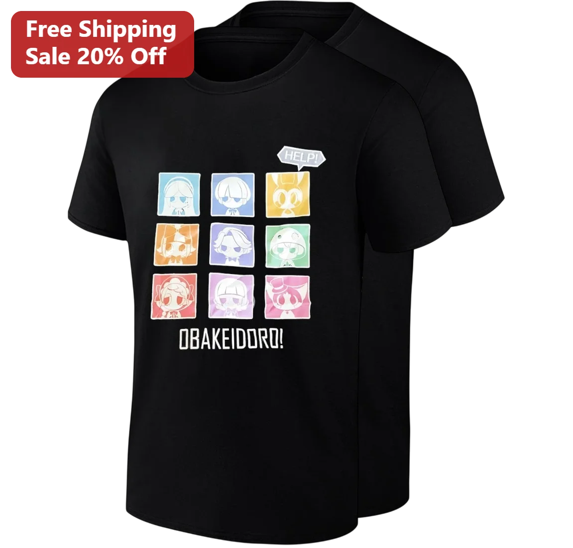 Obakeidoro Help Chibi Characters Tee, Anime Video Game Graphic Shirt Gift for Gamers