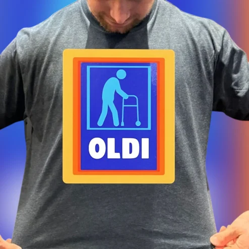 OLDI Tee Funny Old Man Aldi Parody Logo Graphic T-Shirt for Seniors Retirement Gift