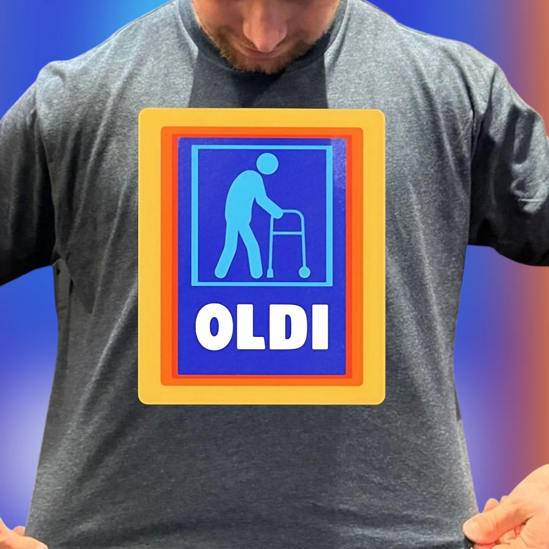 OLDI Tee Funny Old Man Aldi Parody Logo Graphic T-Shirt for Seniors Retirement Gift