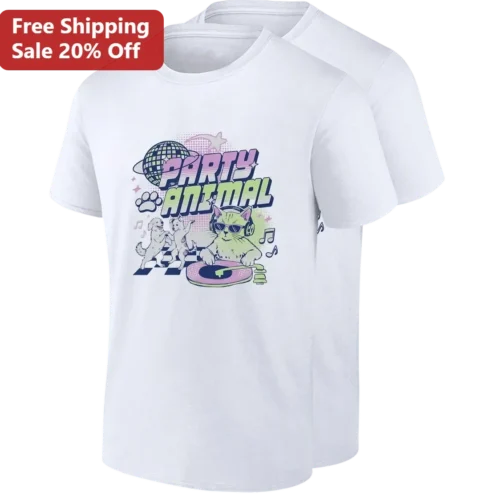 Party Animal Cat DJ Tee, Funny Retro 90s Music Party Graphic Tee Gift for Cat Lovers and Music Fans