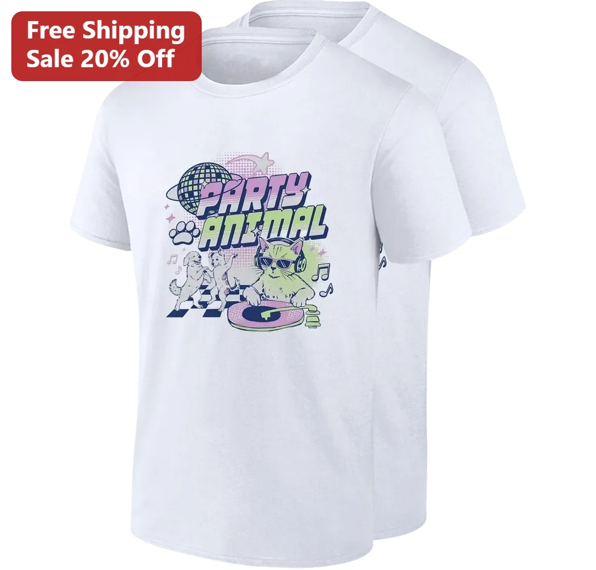 Party Animal Cat DJ Tee, Funny Retro 90s Music Party Graphic Tee Gift for Cat Lovers and Music Fans