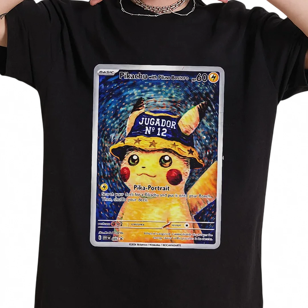 Pikachu with Piluso Bostero Jugador No 12 Pika-Portrait Tee, Boca Football Fan Art Graphic Shirt