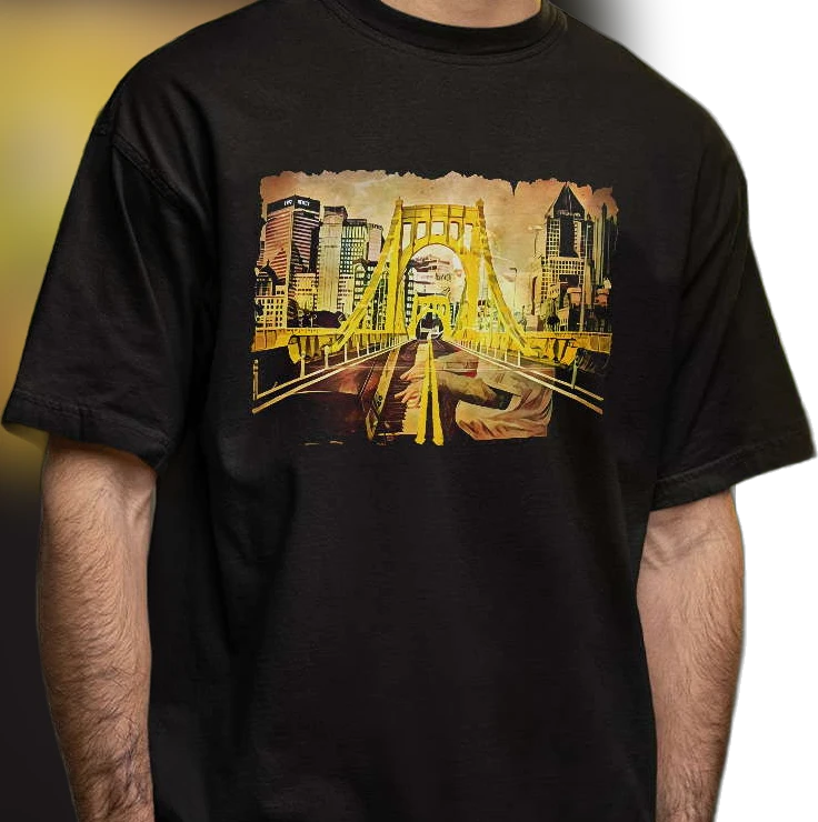 Skyline Bridge Piano Art Tee, Vintage Steel City Urban Music Graphic T-Shirt Gift