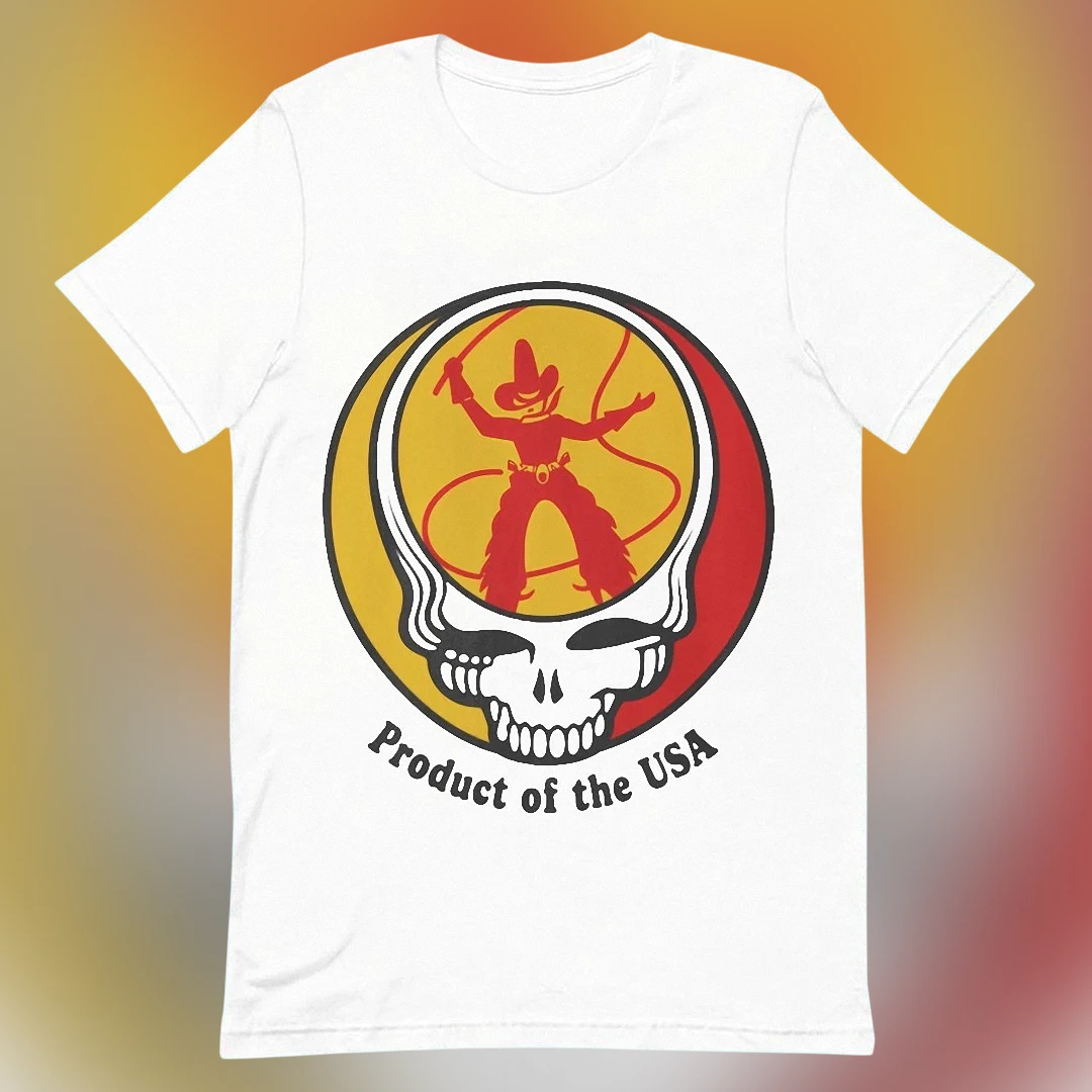 Product of the USA Tee Vintage Cowboy Skull Graphic Western Music T-Shirt