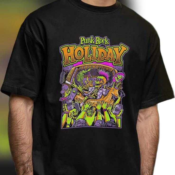 Punk Rock Holiday Tee Skeleton Crowd Surfing Music Festival Graphic T-Shirt, Punk Rock Concert Merch Gift